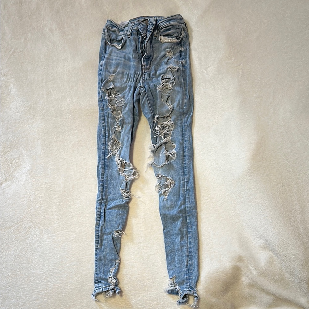 American Eagle Blue Skinny Jeans with Distressed Details